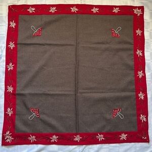 Mid-Century Modern Embroidered Floral and Mushroom 33”x33” Square Table Cloth